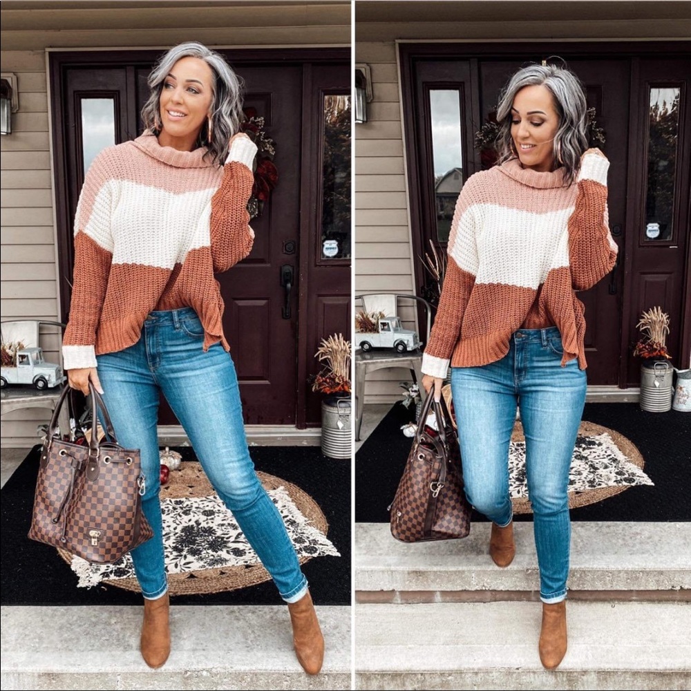 Pink Lily Color Block Chunky Knit Turtleneck